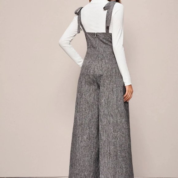 GRAY LINEN LOOK POCKETED SUSPENDER JUMPSUIT CHIC CLASSY FALL WINTER - Picture 5 of 5